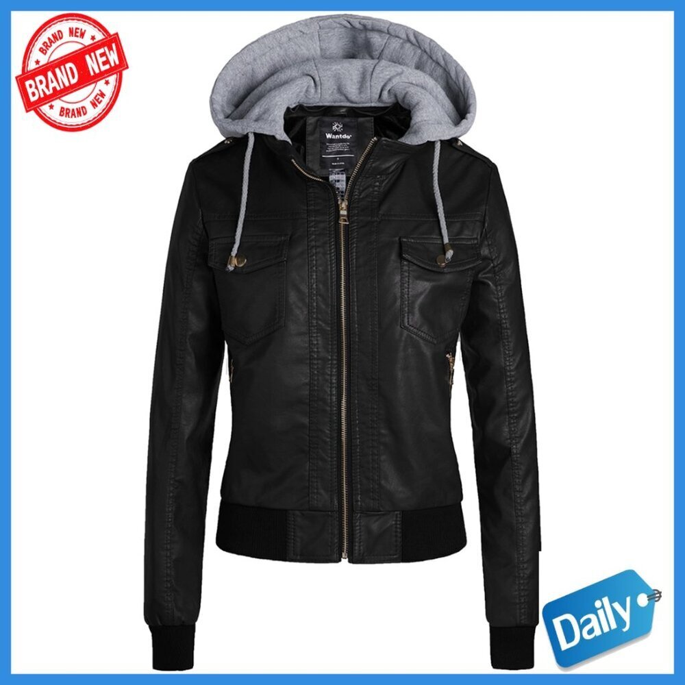 Lightweight PU Leather Jacket with Removable Hood, Motorcycle Style
